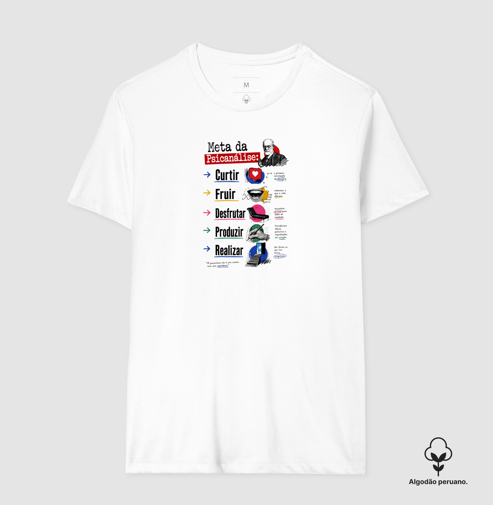 Camiseta Meta da Psicanálise: Curtir, Fruir, Desfrutar, Produzir e Realizar