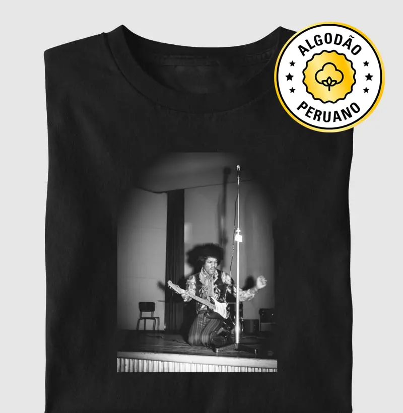 Jimi Hendrix e guitarra, 1967 - Camiseta Algodão Peruano