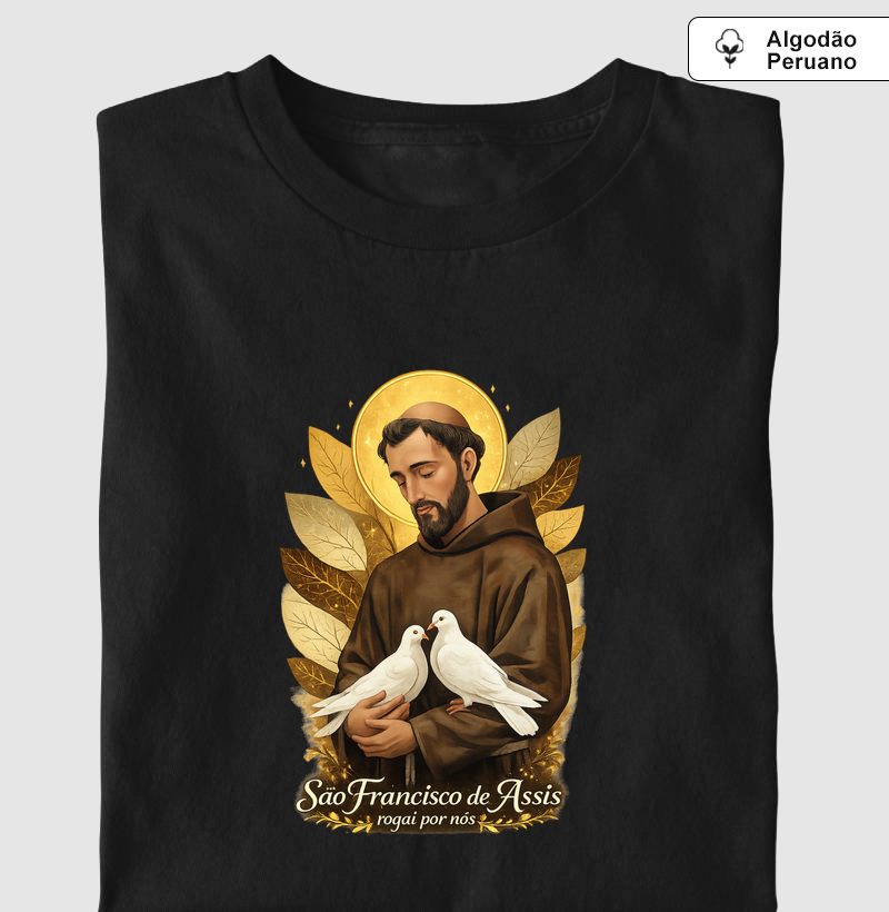 Camiseta Algodão Peruano São Francisco de Assis, Rogai Por Nós