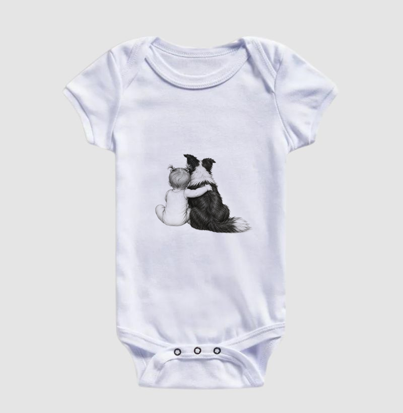 Abraço - Cachorro (Border Collie) e bebê menina (body bebê) - Body Infantil