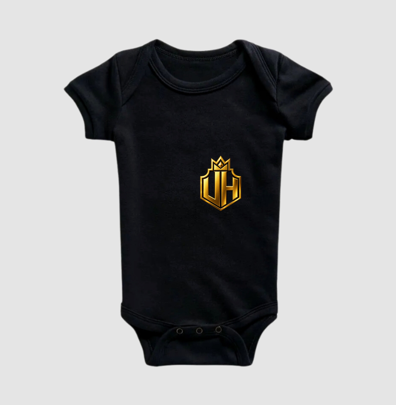 Design exclusivo com visual premium. Brasão dourado que transmite poder e sucesso. Estilo sofisticado e marcante para qualquer ocasião. - Body Infantil