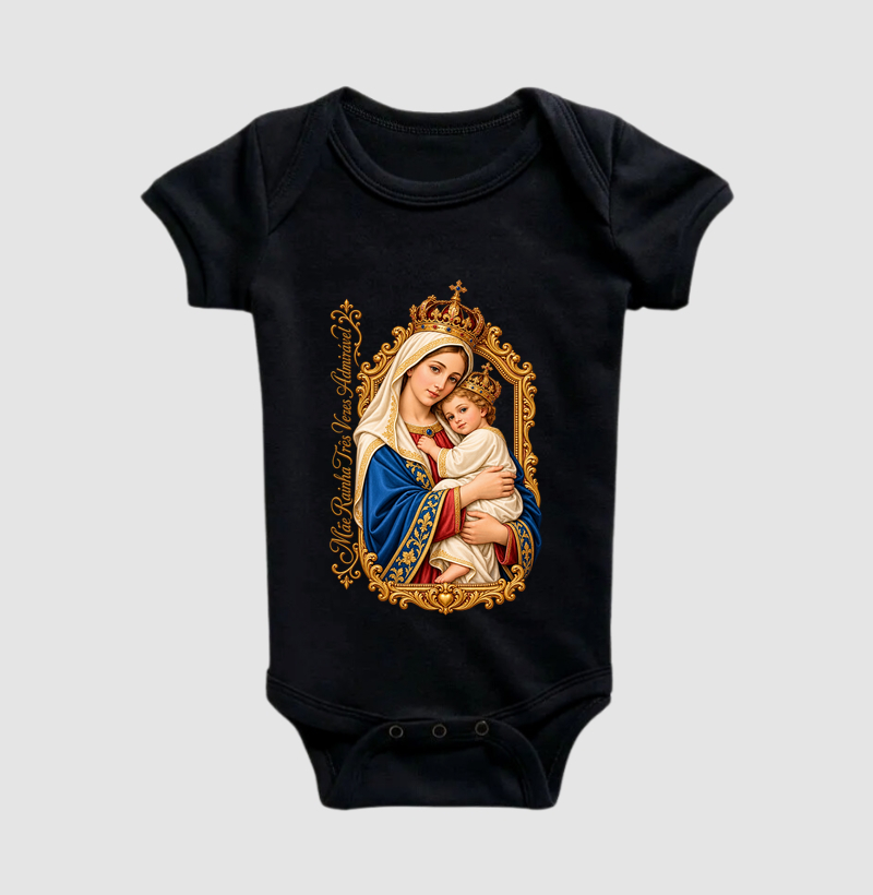 Camiseta Mãe Rainha Três Vezes Admirável Com Menino Jesus