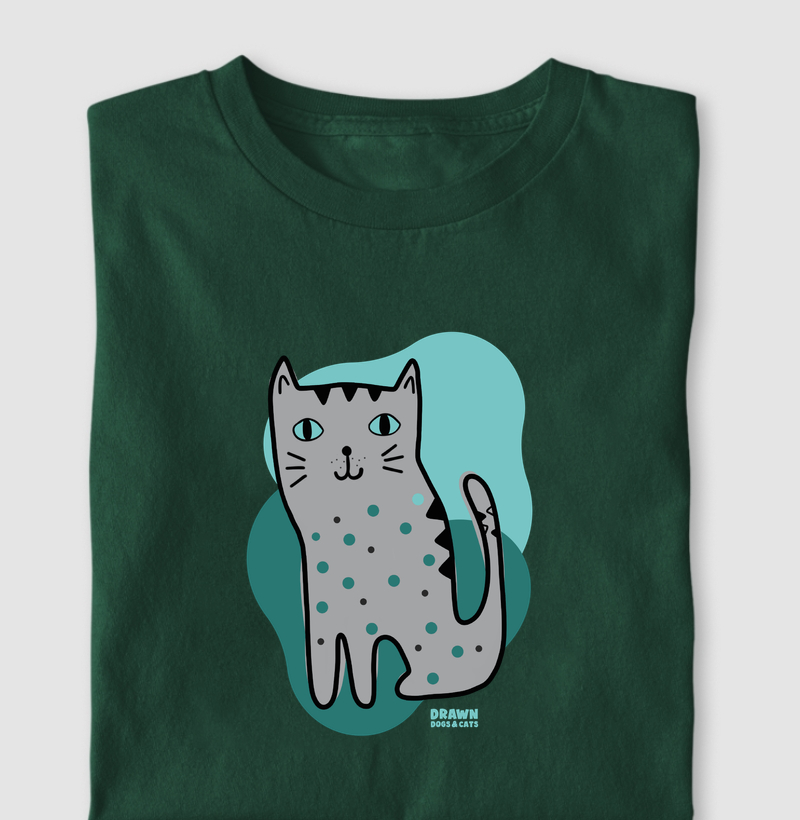 Desenho de gato cinza com fundo verde