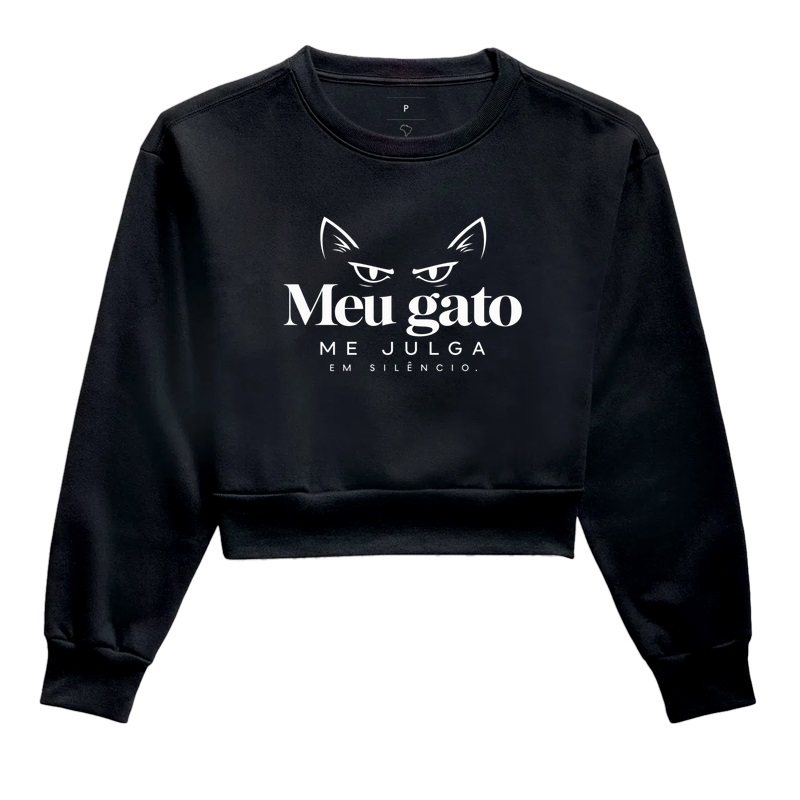 Meu gato me julga... - Cropped Moletom