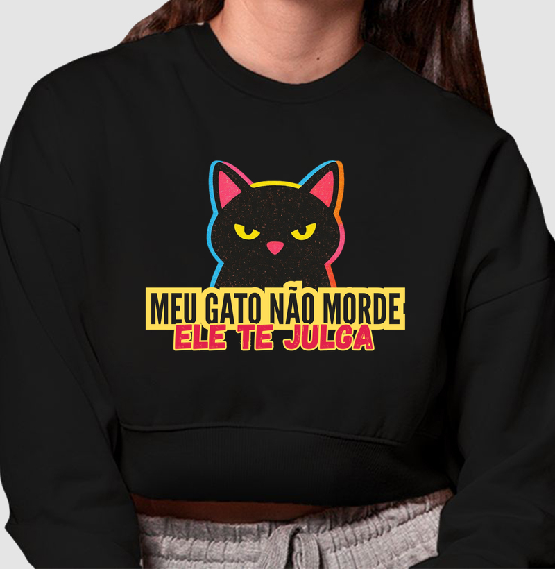 Meu gato não morde, ele te julga - Cropped Moletom