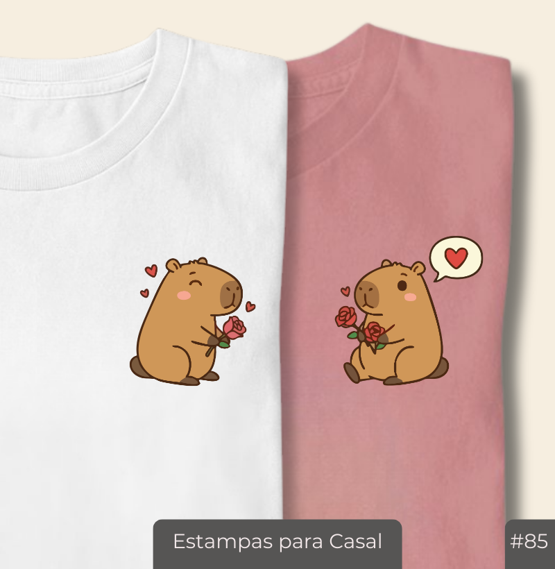 Camiseta Casal20 – Capilovers (Capivara com Buquê e Balão ❤️) #85 – Par