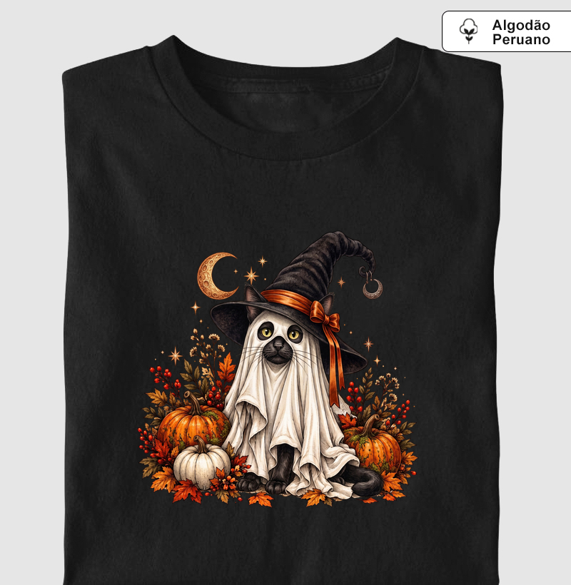 Gato Bruxo do Halloween - Camiseta Algodão Peruano