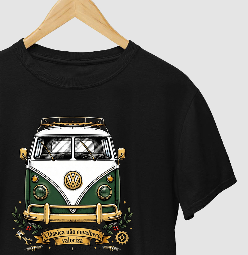 Kombi Clássica Não Envelhece Valoriza - Vintage VW Verde e Dourada