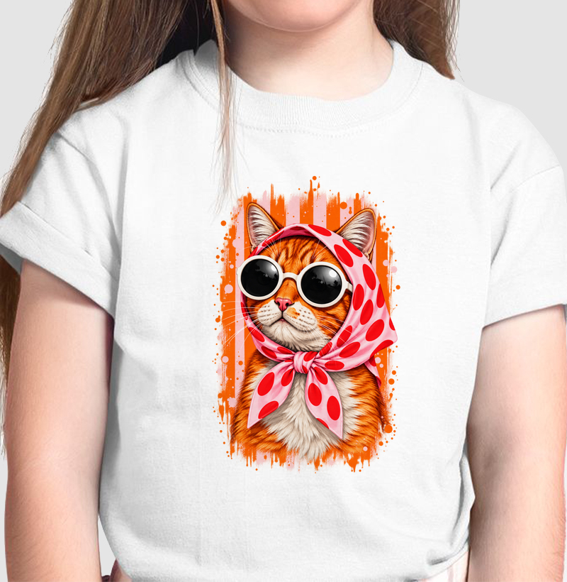Gato Fashion Retrô Laranja  - Camiseta Infantil