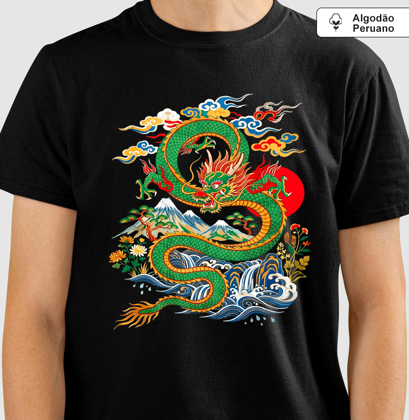 Camiseta Dragão Japonês Ukiyo-e Algodão Peruano Premium 