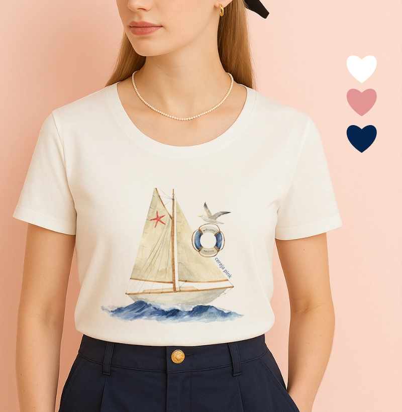 Camiseta Feminina Ilustrada Barco Branco