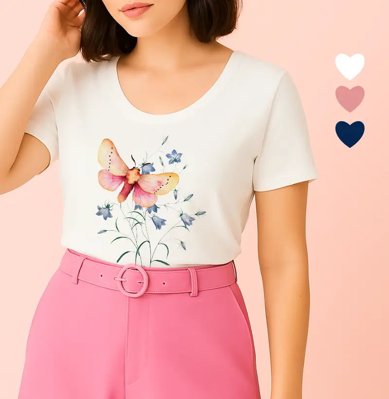 Camiseta Feminina Ilustrada Borboleta Color e Flores