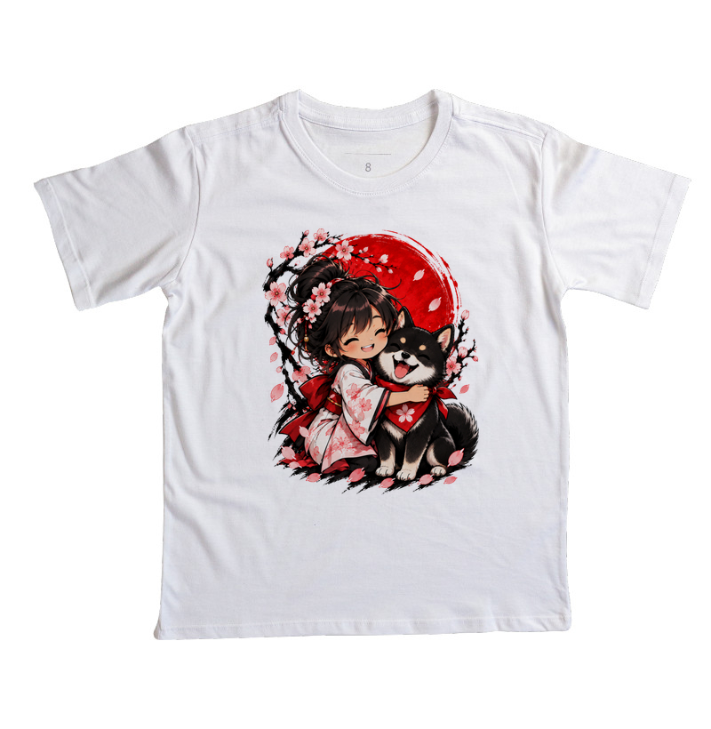 Sakura & Shiba — Amizade que Floresce (Preto) - Camiseta Infantil