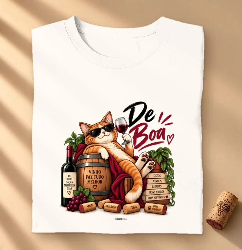 Camiseta “De Boa” Gato com Vinho – Estilo Relax & Life Mood