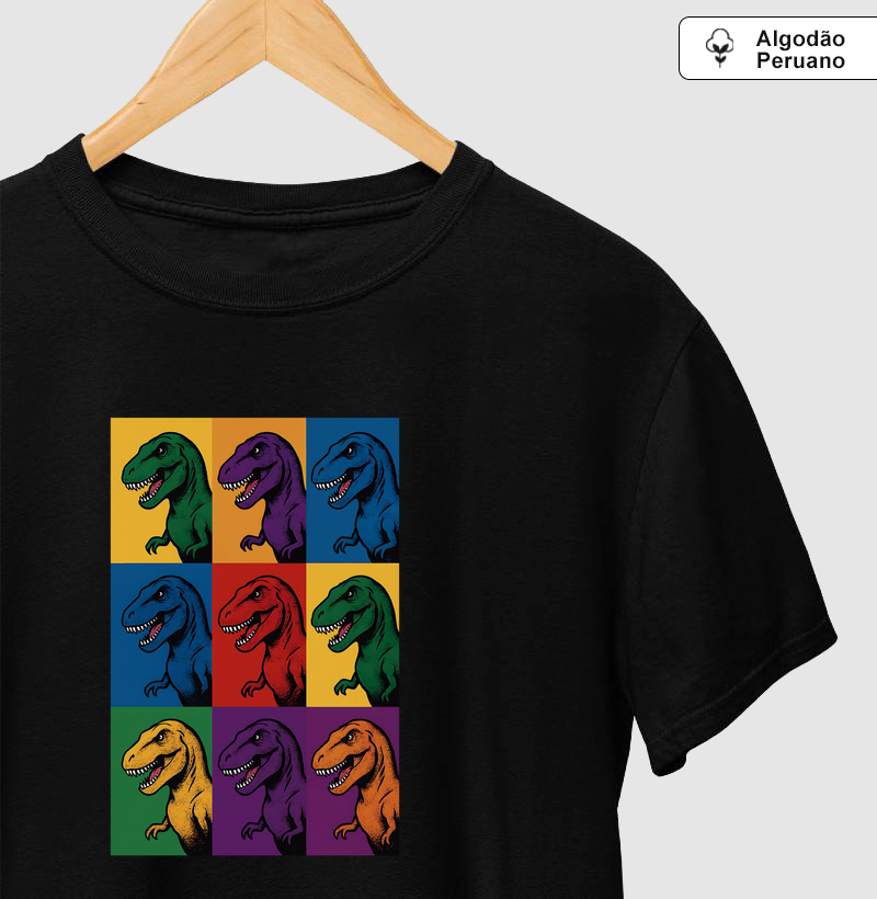 Camiseta Algodão Peruano Dino Pop T-Rex - Camiseta Algodão Peruano