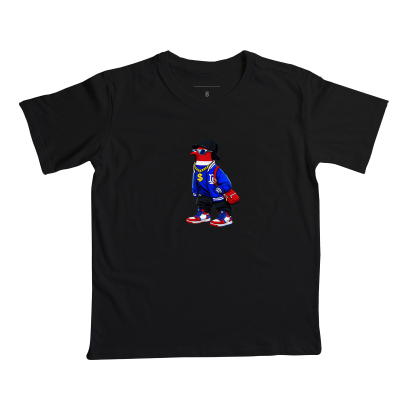 Essa arte vibrante e cheia de atitude traz um estilo com visual de rua, combinando moda hip-hop, cores marcantes e confiança total. - Camiseta Infantil