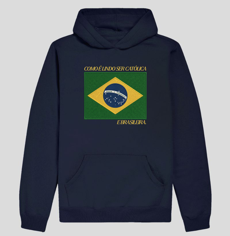 Moletom com Capuz Brasil Bandeira Estilo Bordada - Hoodie Moletom