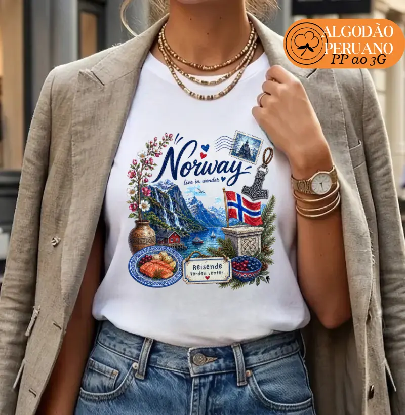 Camiseta Norway Live in Wonder | Noruega Fiorde Aquarela | Colecao Viciados em Viagem