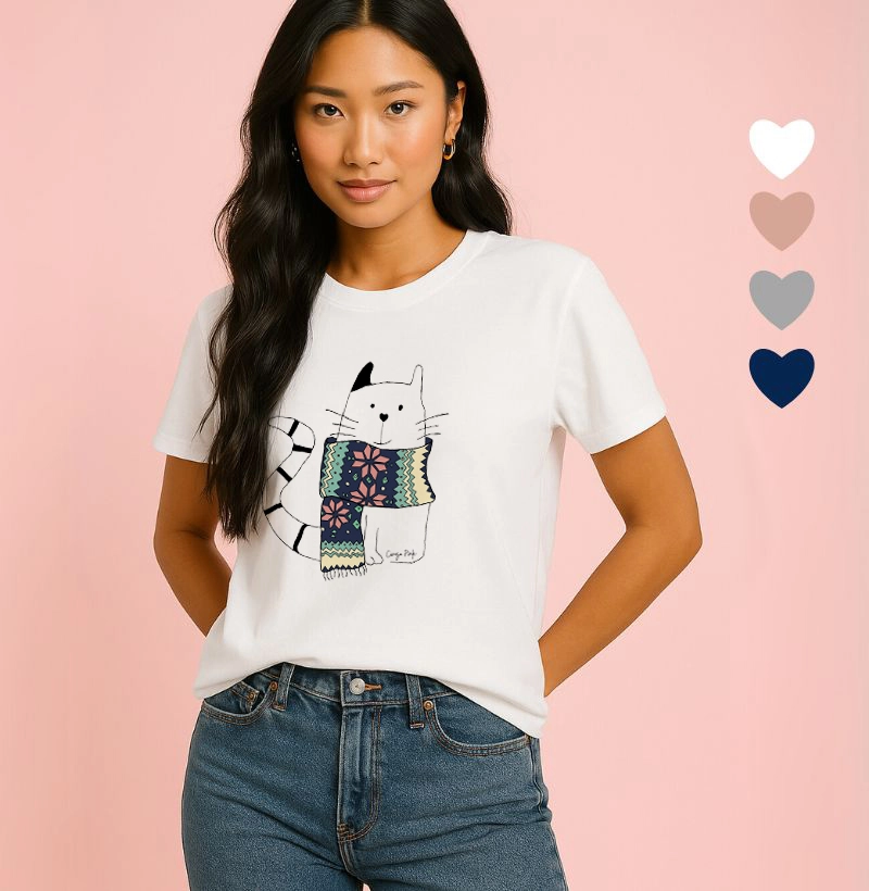 Camiseta Feminina Ilustrada Gato Cachecol