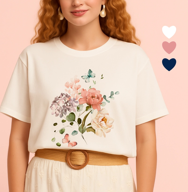 Camiseta Feminina Ilustrada Borboletas e Flores Colors