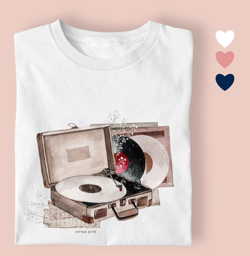 Camiseta Feminina Ilustrada Som Toca Disco.