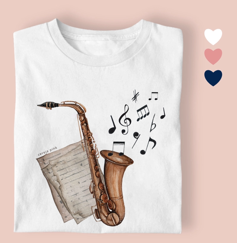 Camiseta Feminina Ilustrada Som Saxofone