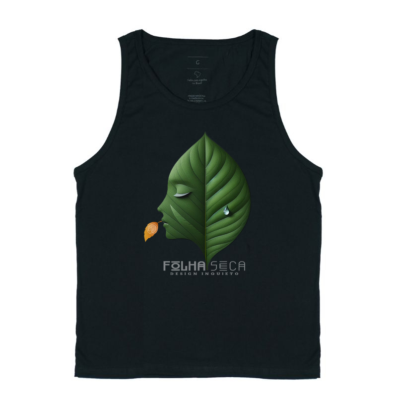 Camiseta Estampa Rosto Folha com Gota D'agua Folha Seca