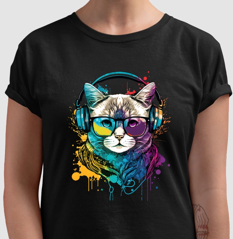 Gato com Óculos e Fone de Ouvido - Desing em Splatter Aquarela
