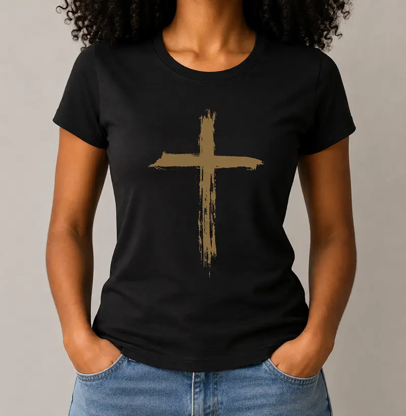 Camiseta Fem. Cruz Pincelada - Estampa Dourada - Camiseta