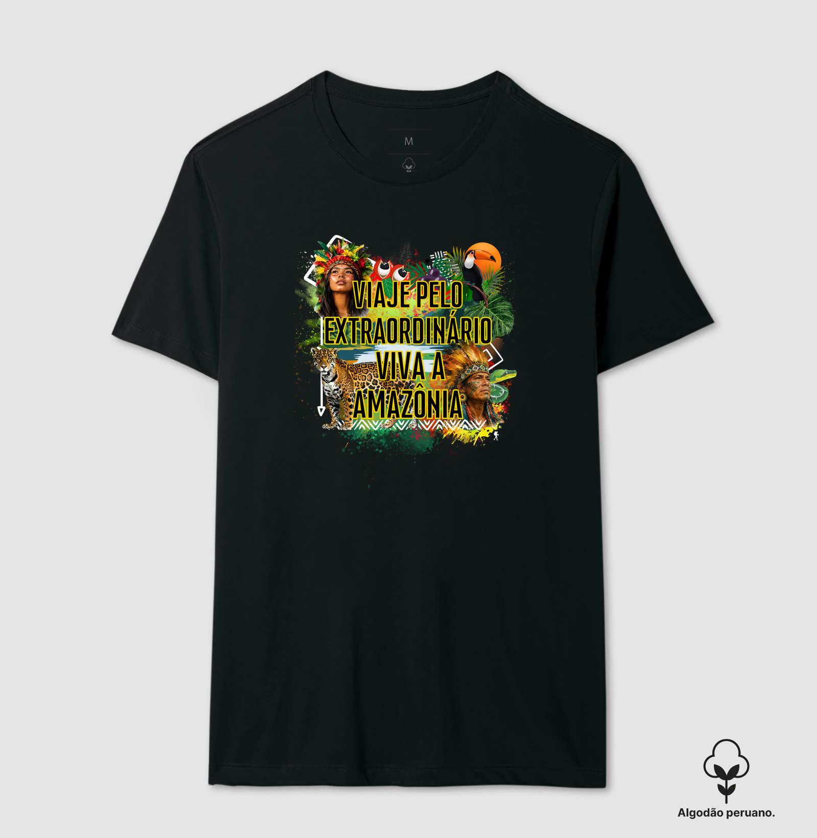 Camiseta Viaje pelo Extraordinario Viva a Amazonia | Onca Tucano Indigena | Colecao Viciados em Viagem