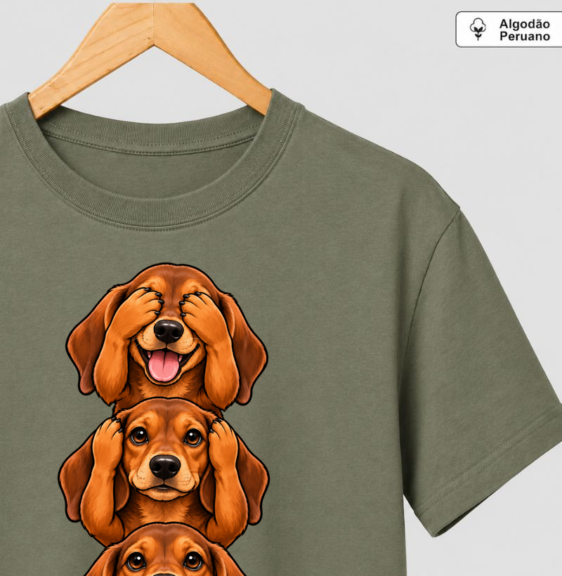 Ver, ouvir e falar versão Dachshund - Camiseta Algodão Peruano