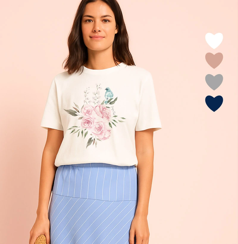 Camiseta Feminina Ilustrada Pássaro e Flores IV