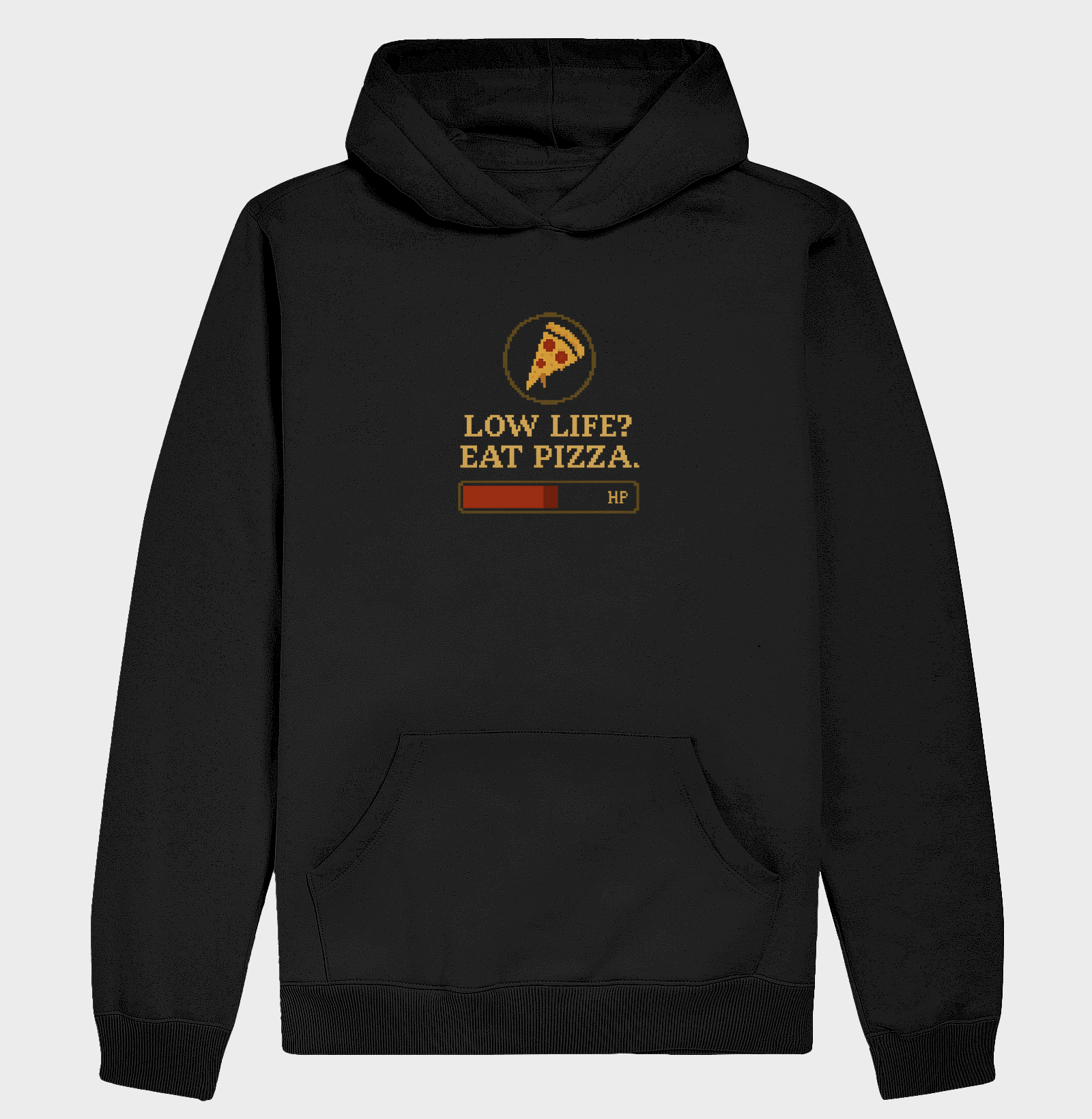 Camiseta Gamer “Low Life? Eat Pizza.” – Versão RPG Pixel | ManaMoney