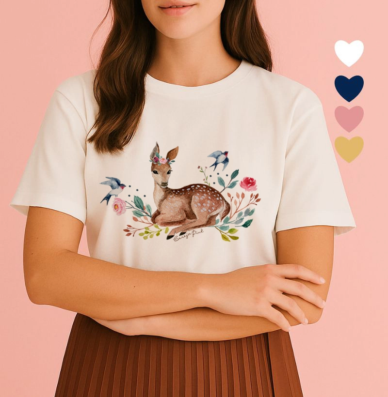 T-Shirt Feminina Ilustrada Bambi e Pássaros 