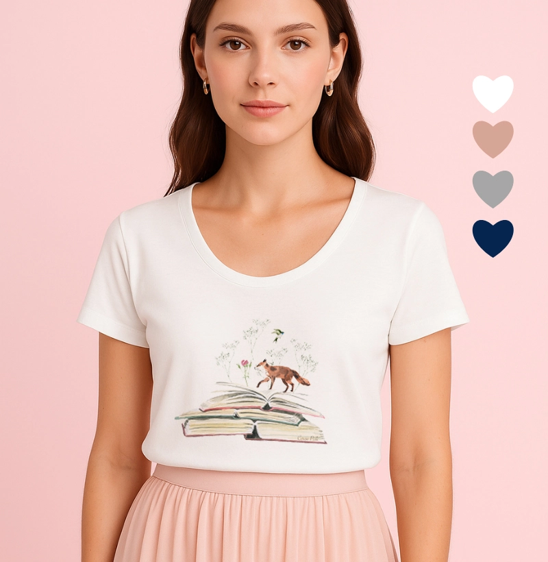 Camiseta Feminina Ilustrada Livro e Raposa