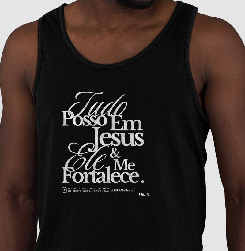 Camiseta Regata Algodão com Estampa - Tudo posso em Jesus