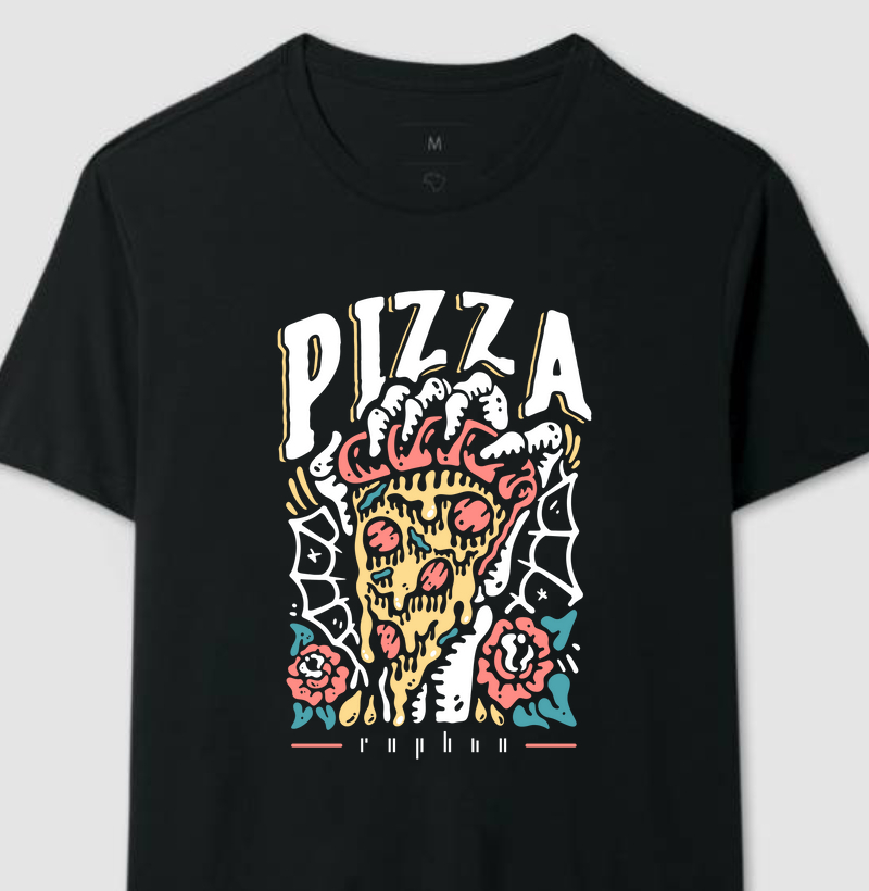 Caveira segurando fatia de pizza e rosas