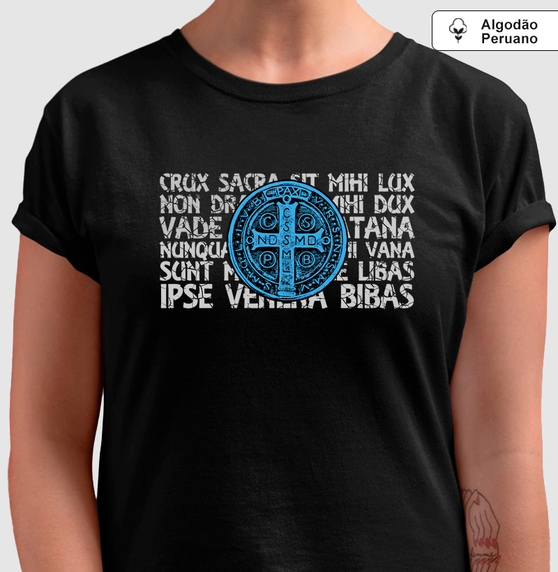 Medalha de São Bento e a Oração cor Azul - Algodão Peruano