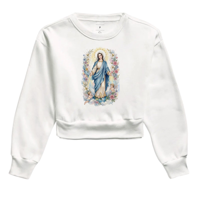 Camiseta Nossa Senhora das Graças - Raios de Luz e Anjos - Cropped Moletom