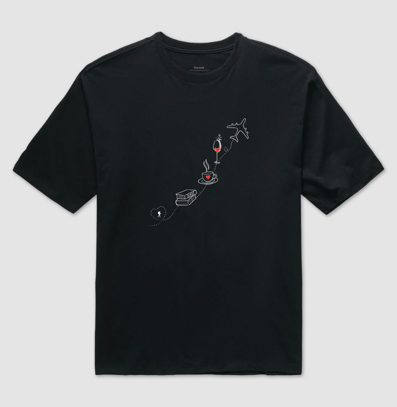 Camiseta Livro Cafe Vinho Aviao | Rota da Vida Viajante | Colecao Viciados em Viagem