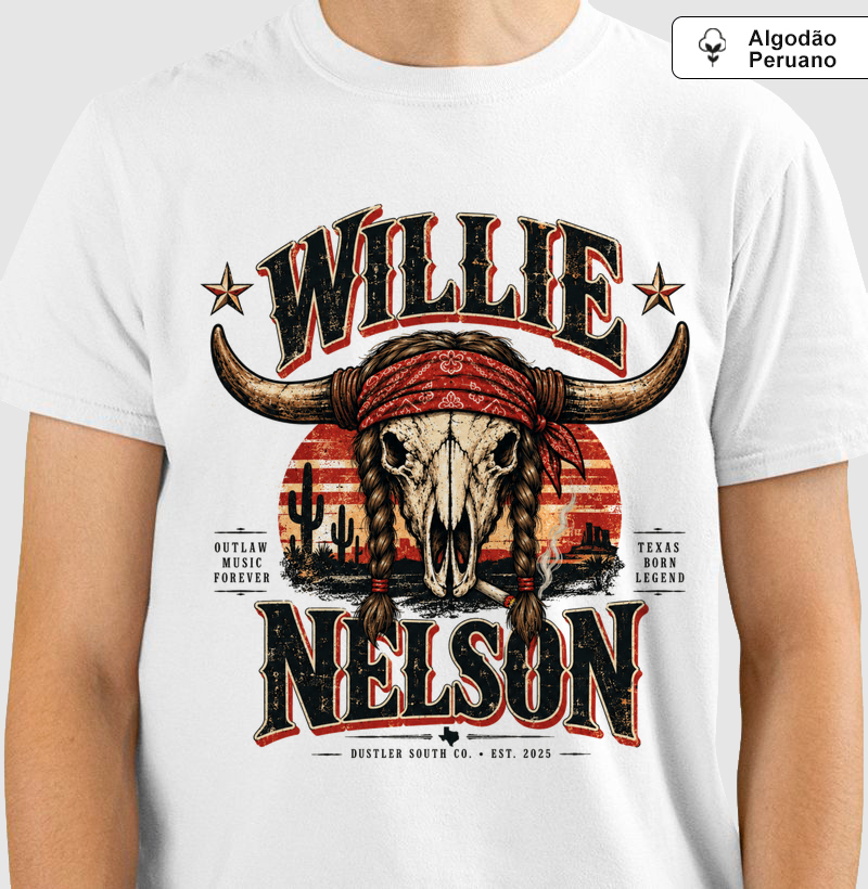 Camiseta Country Masculina Willie Nelson Outlaw Music Forever Dustler South Co. Algodão Peruano Premium
