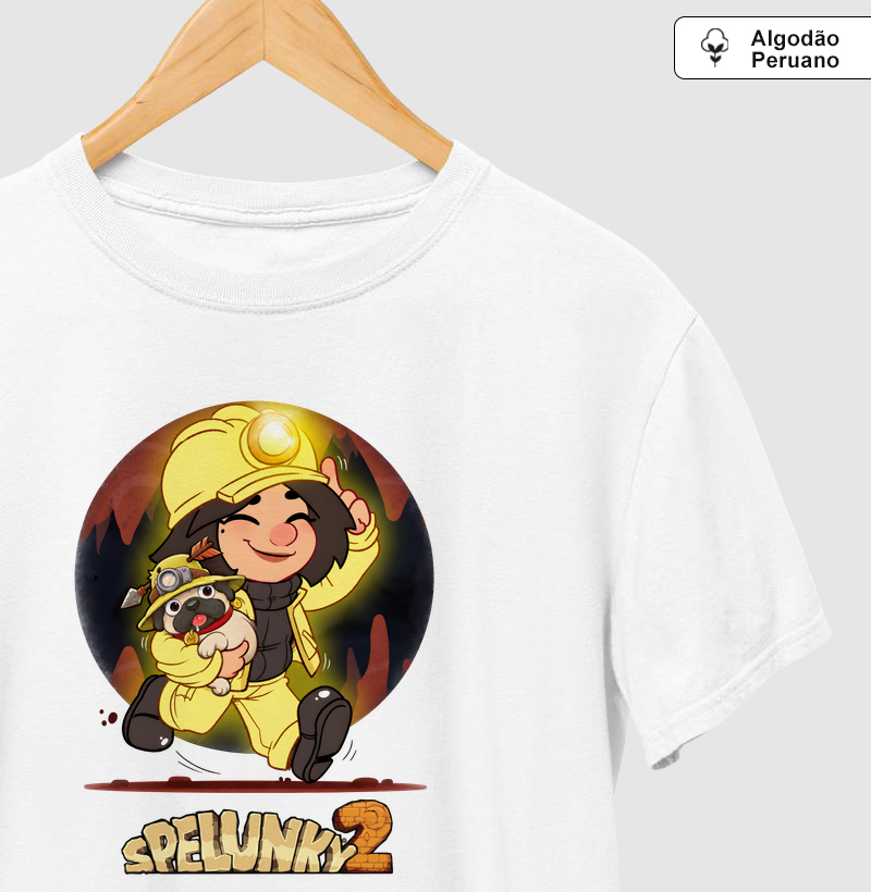 Spelunky 2 - Ana & Monty The Pug - Camiseta Algodão Peruano