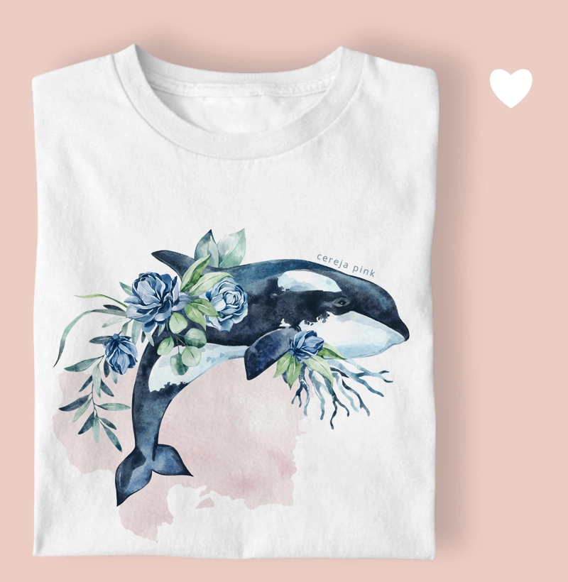 Camiseta Feminina Ilustrada Baleia e Flores