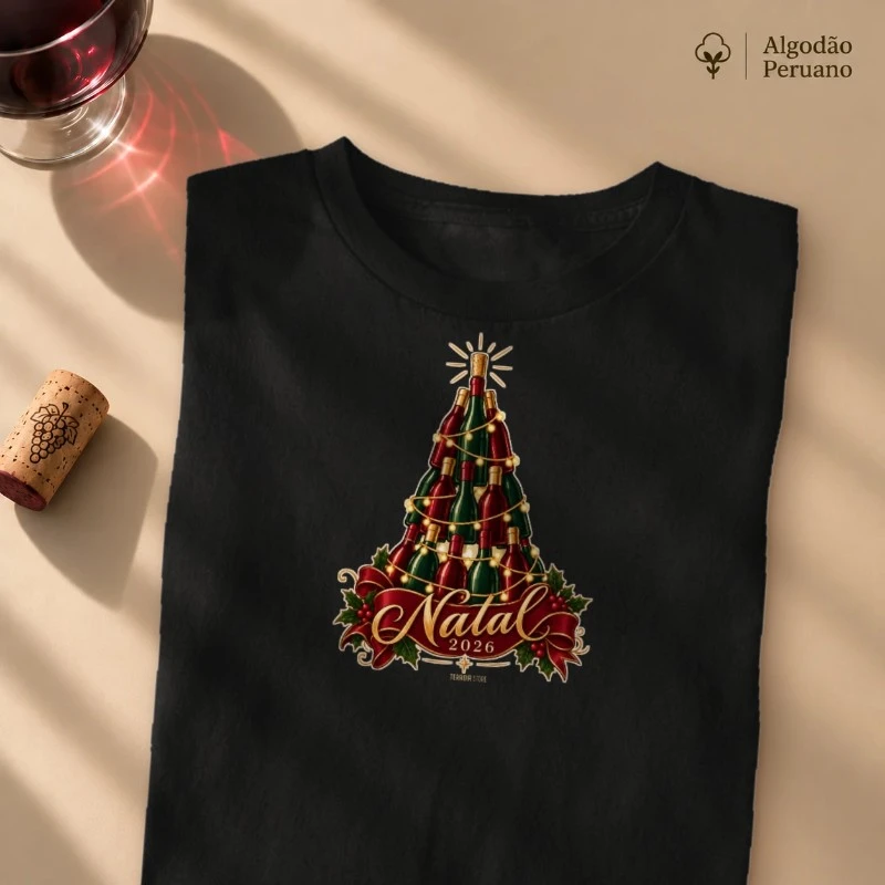 Camiseta Algodão Peruano Natal 2026 – Árvore de Garrafas de Vinho