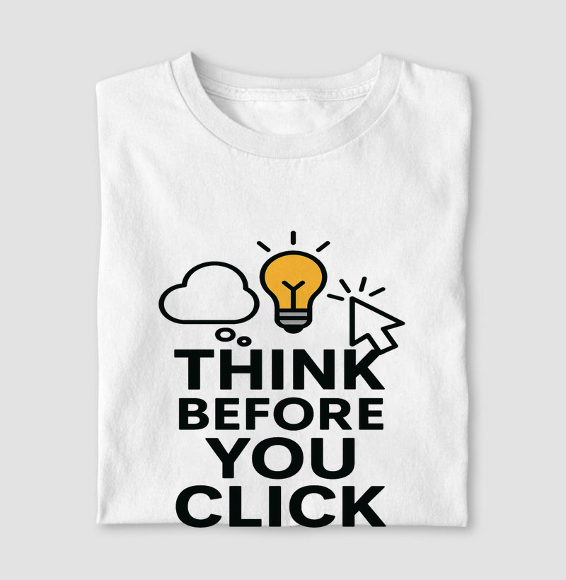 Camiseta Think Before You Click – Segurança digital começa com consciência 