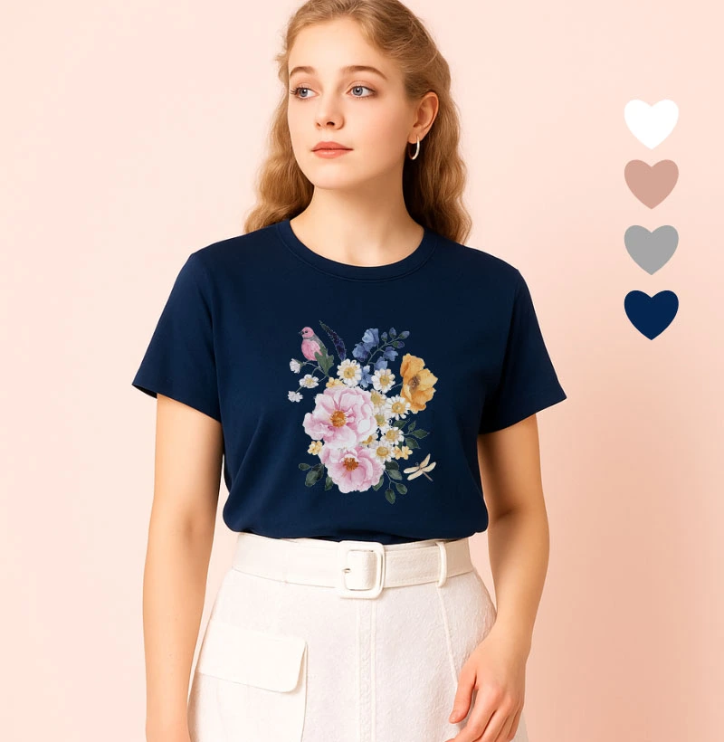 Camiseta Feminina Ilustrada Pássaro e Flores Coloridas