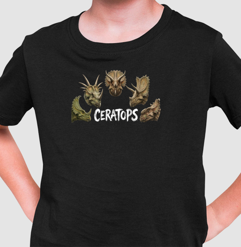 Camiseta Dinossauro Ceratops Preta Algodão Premium Dinoloco - Camiseta Infantil