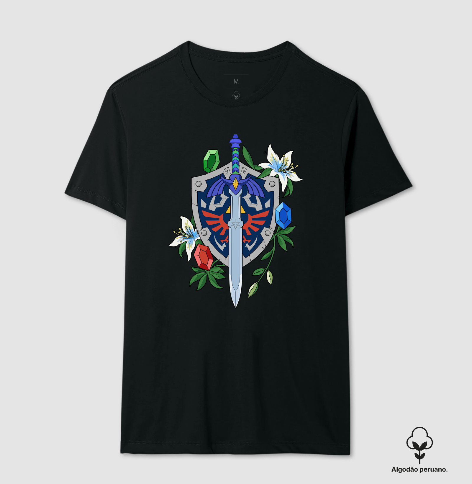 Princesa Silenciosa e Seu Cavaleiro – Escudo, Espada e Joias - Camiseta Algodão Peruano