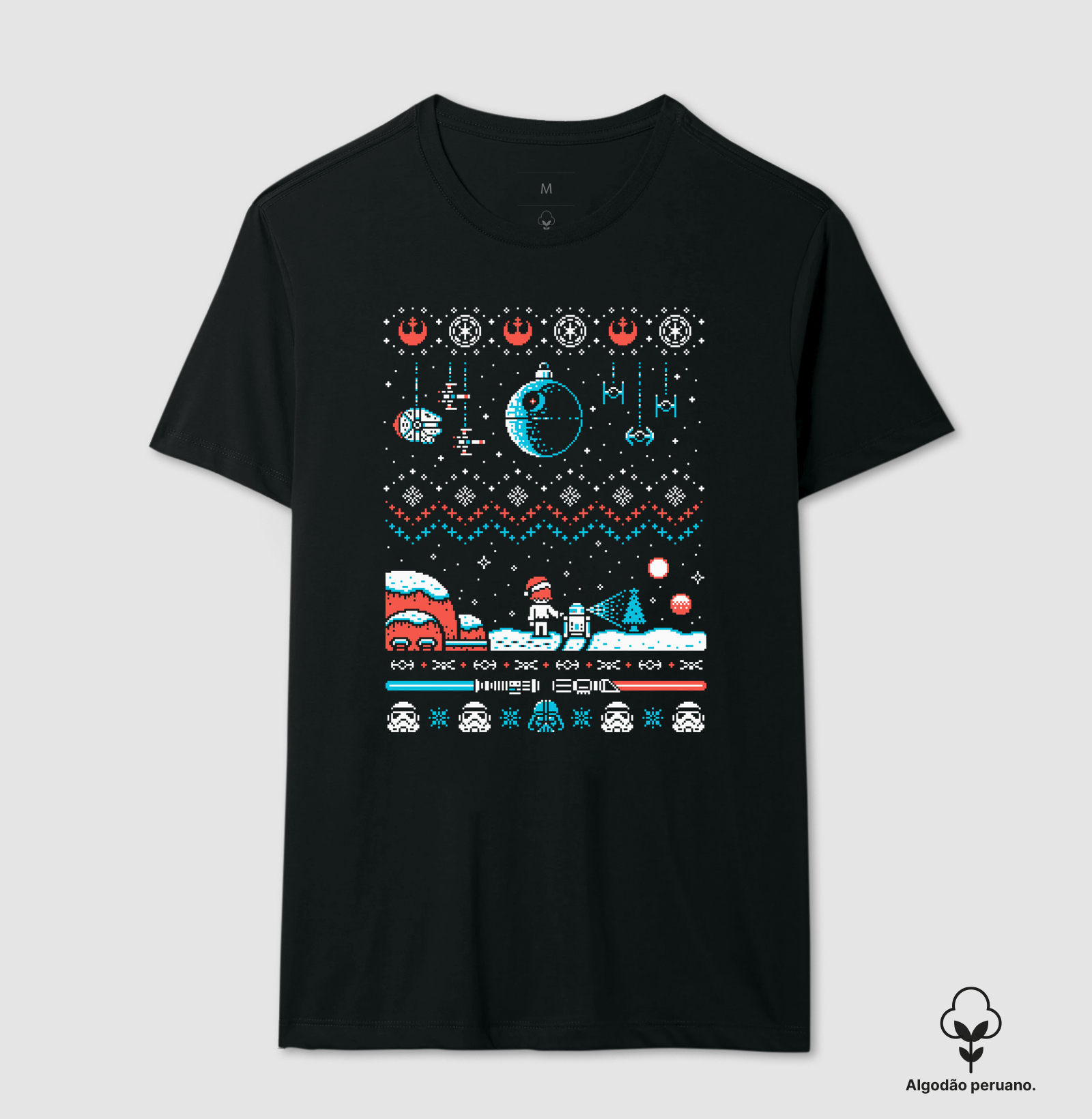 Natal Galáctico Pixel Art - Camiseta Algodão Peruano
