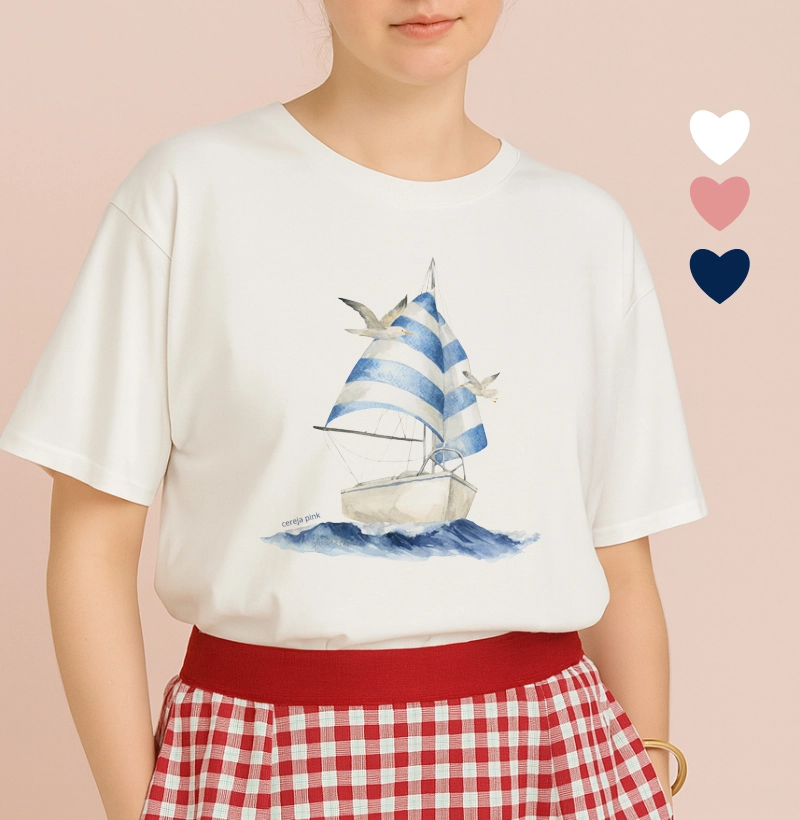 Camiseta Feminina Ilustrada Barco Azul